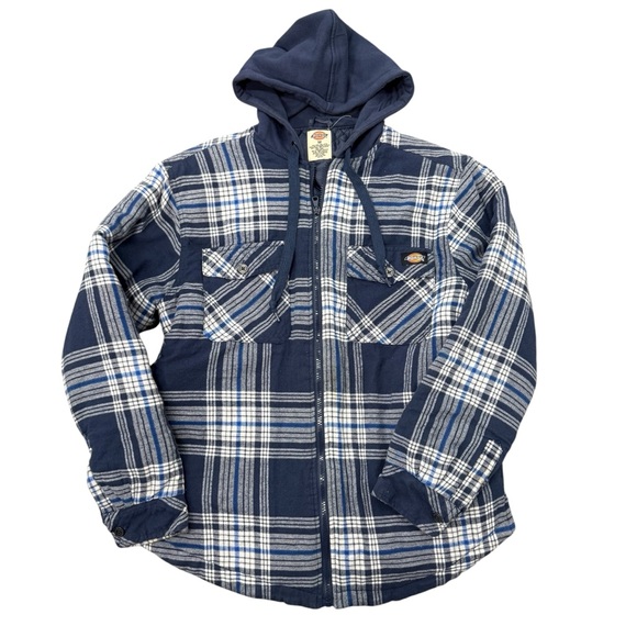 Dickies Navy Plaid Hoodie Flannel Jacket - Size Medium - Picture 1 of 4